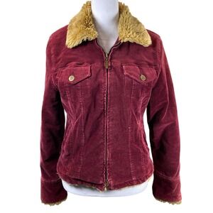 Sashimi Womens Corduroy Trucker Jacket Burgundy Faux Fur Collar Quilted Lining S